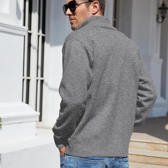 Men's Shawl Collar Cardigans Slim Fit Button Cable‎ Knit Black Sweater Pockets - Picture 2 of 5